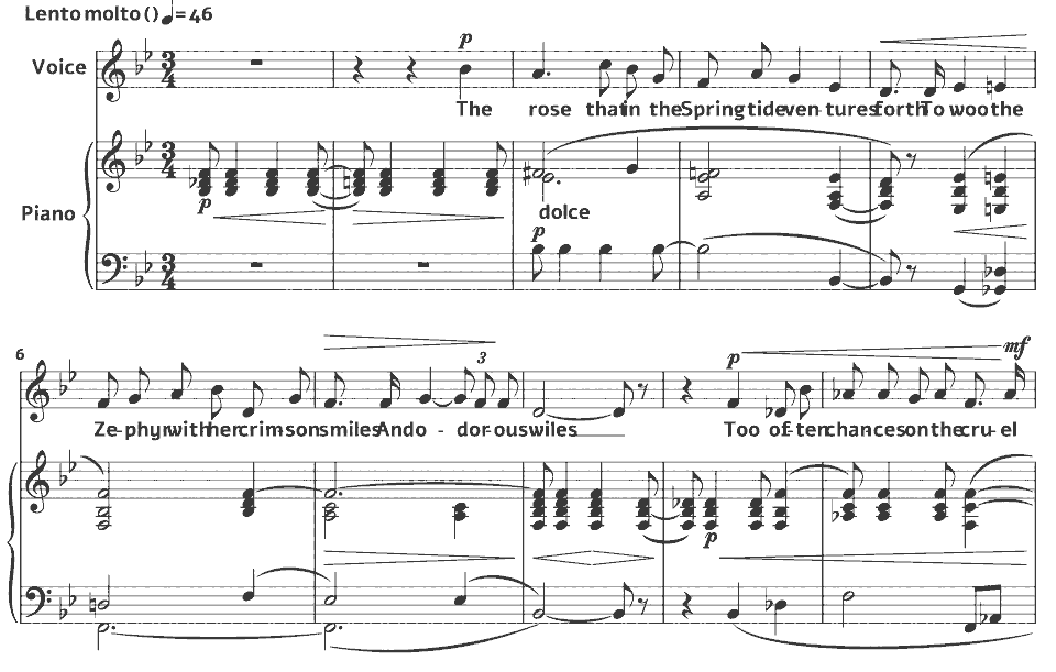 The opening bars of Op.44 Spring Songs: The First Rose by Alexander Mackenzie in music notation.