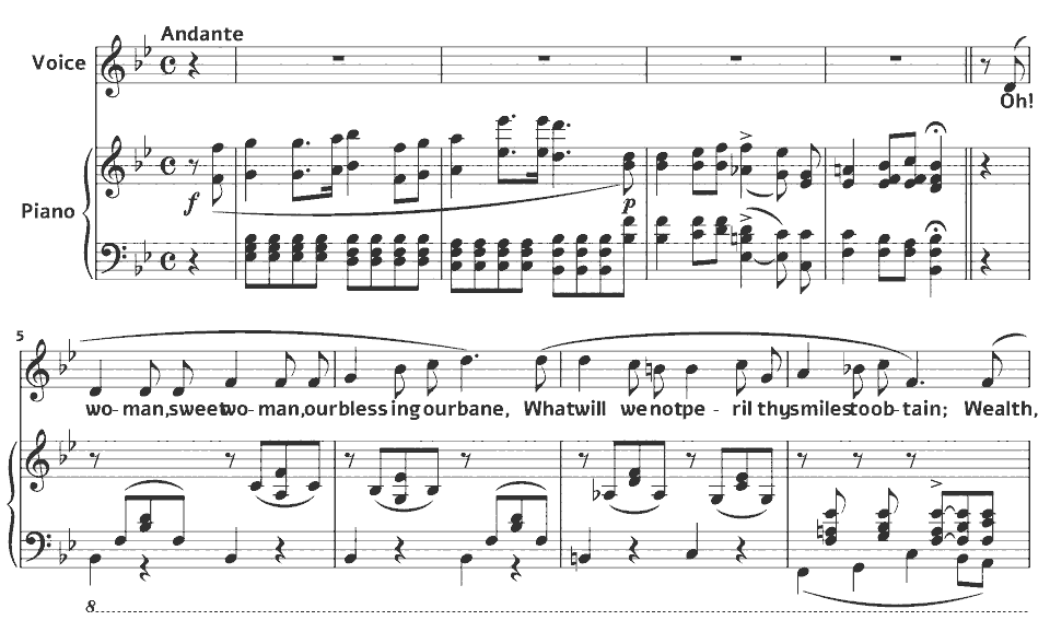 The opening bars of Sweet Woman Oh! Woman by Alfred Cellier in music notation.
