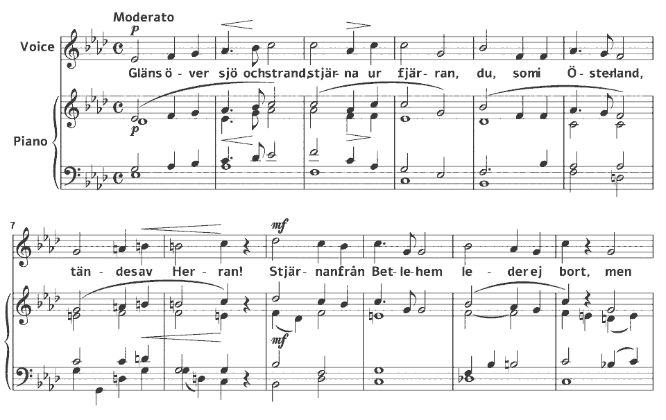 Die ersten Takte von Betlehems stjärna von Alice Tegnér in Notenschrift.