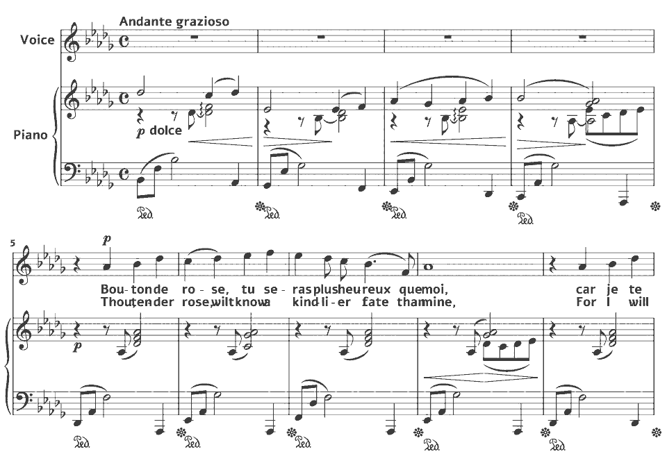 The opening bars of Bouton de Rose by Amelia Lehmann in music notation.