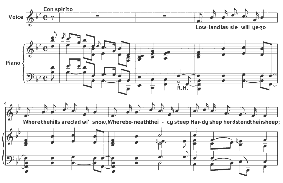 The opening bars of The Highland Plaid by Amelia Lehmann in music notation.