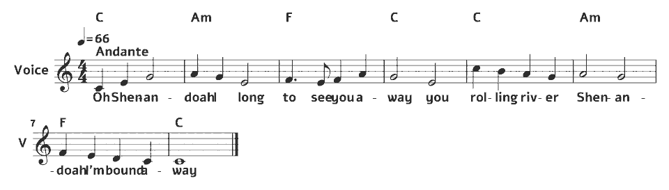 The opening bars of Shenandoah by American traditional (arr.) in music notation.