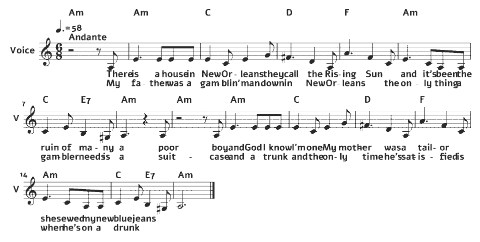 Die ersten Takte von The House of the Rising Sun von American traditional (arr.) in Notenschrift.
