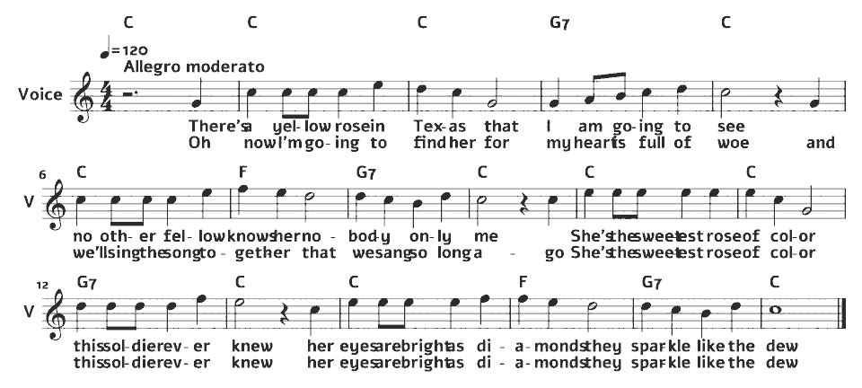 Die ersten Takte von The Yellow Rose of Texas von American traditional (arr.) in Notenschrift.
