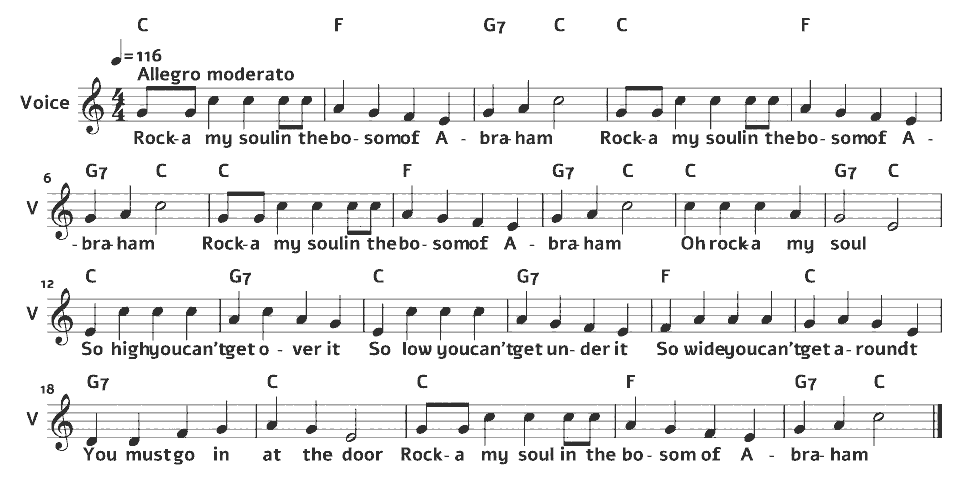 The opening bars of Rock My Soul (in the Bosom of Abraham) by American traditional spiritual (arr.) in music notation.