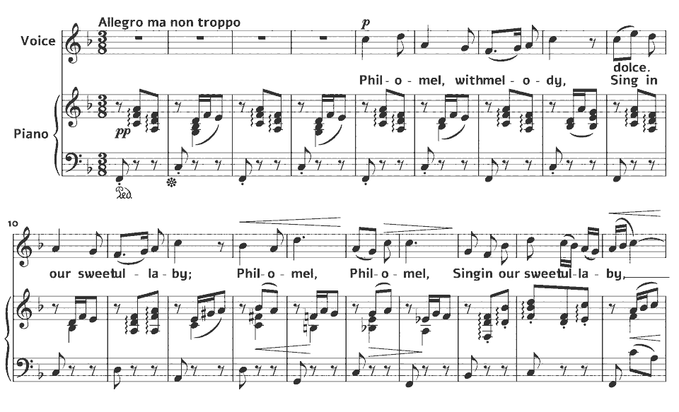 Die ersten Takte von Op.37 Shakespeare Songs: Fairy Lullaby von Amy Beach in Notenschrift.