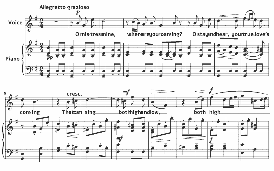 Die ersten Takte von Op.37 Shakespeare Songs: O Mistress Mine von Amy Beach in Notenschrift.