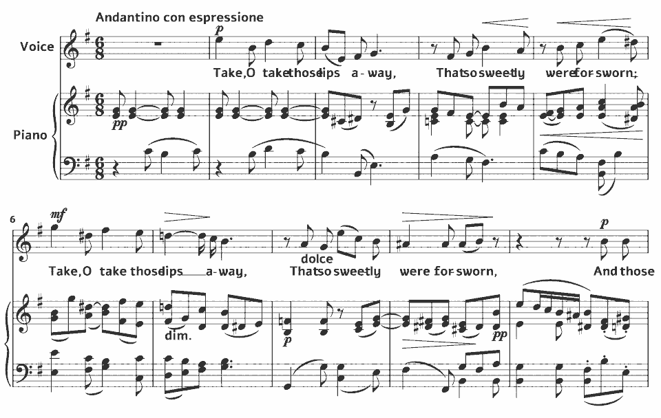Die ersten Takte von Op.37 Shakespeare Songs: O Take those Lips Away Take von Amy Beach in Notenschrift.