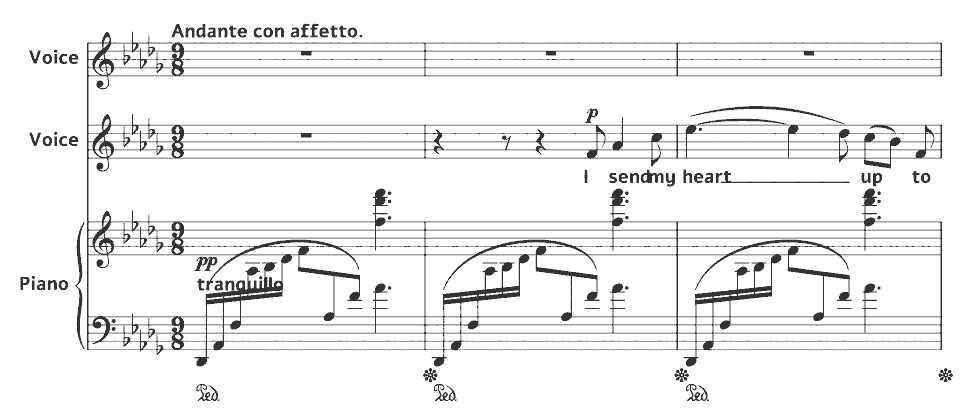Die ersten Takte von Op.44 Browning Songs: I Send My Heart up to Thee! von Amy Beach in Notenschrift.