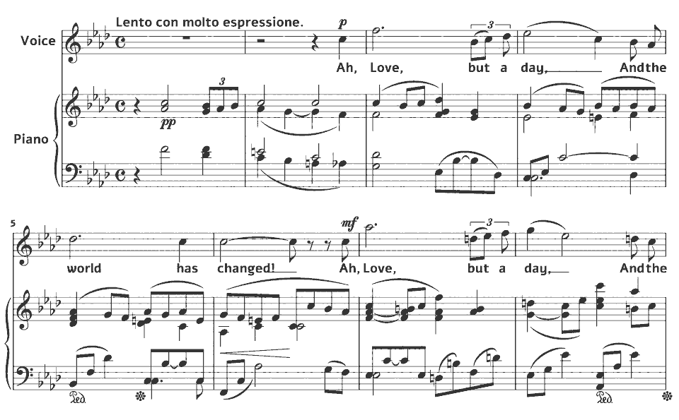 Die ersten Takte von Op.44 Browning Songs: Love, but a Day! Ah von Amy Beach in Notenschrift.