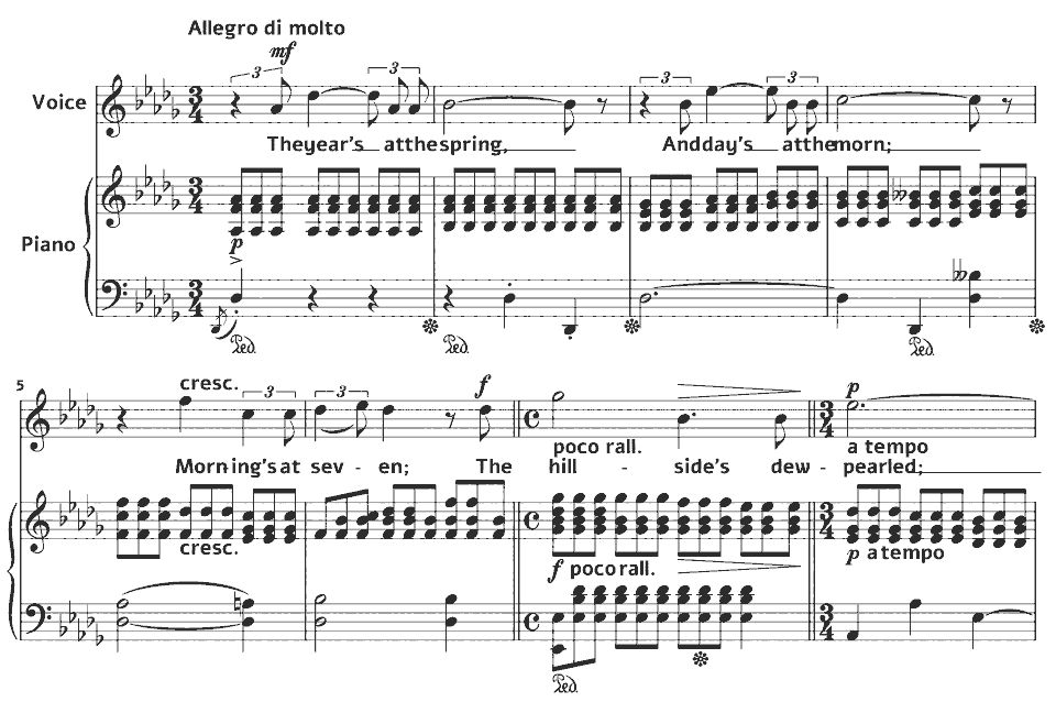 Die ersten Takte von Op.44 Browning Songs: The Year’s at the Spring von Amy Beach in Notenschrift.