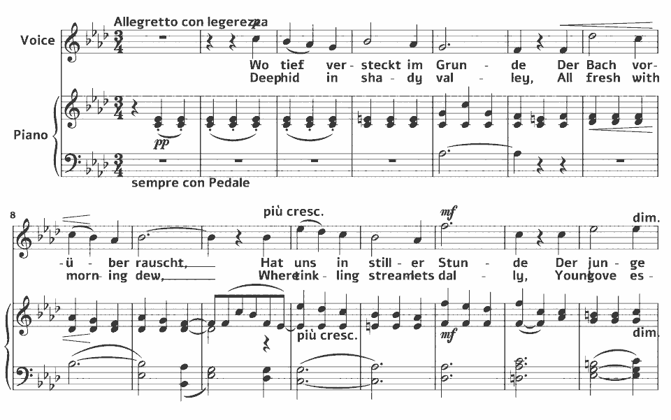 Die ersten Takte von Op.51 Songs: Wir drei von Amy Beach in Notenschrift.