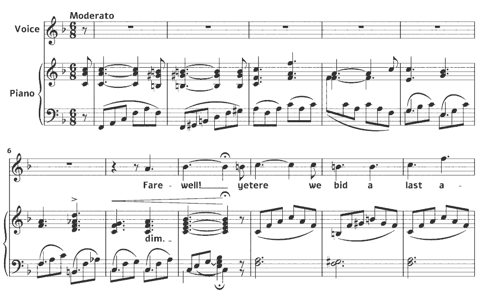 The opening bars of Songs of Remembrance: Farewell! I can bid thee now by Ann Mounsey Bartholomew in music notation.