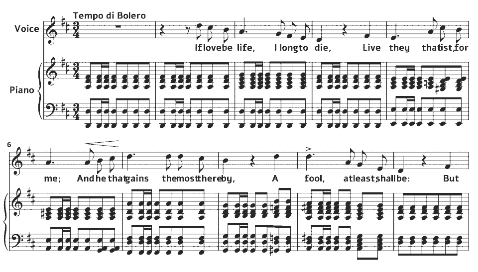 The opening bars of Songs of Remembrance: I long to die If love be life by Ann Mounsey Bartholomew in music notation.