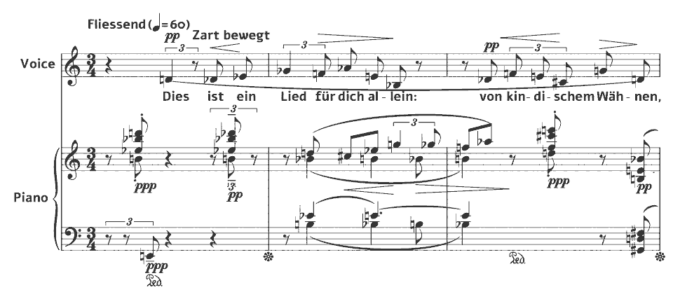 Die ersten Takte von Op.3 Lieder aus “Der siebente Ring”: Dies ist ein Lied für dich allein von Anton Webern in Notenschrift.