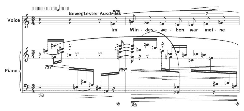 Die ersten Takte von Op.3 Lieder aus “Der siebente Ring”: Im Windesweben von Anton Webern in Notenschrift.