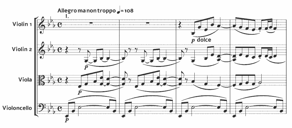 Die ersten Takte von Op.51 String Quartet No.10 von Antonín Dvořák in Notenschrift.