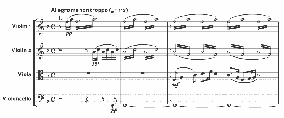 Die ersten Takte von String Quartet No.12 in F major, Op.96 (“American”) von Antonín Dvořák in Notenschrift.