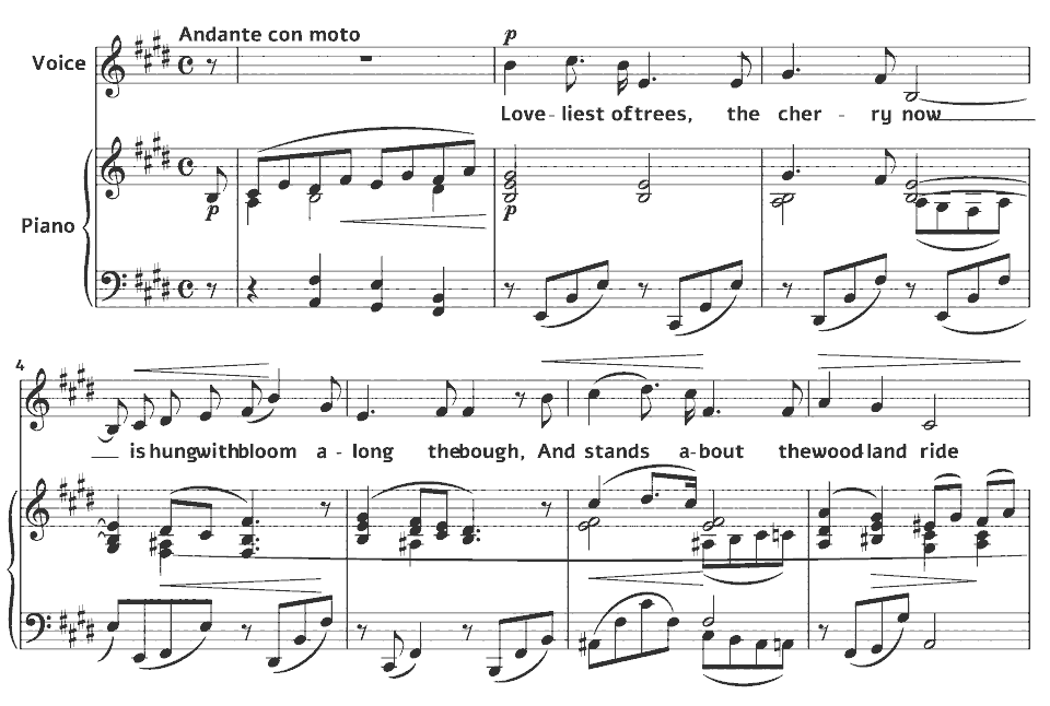Die ersten Takte von A Shropshire Lad: the Cherry now Loveliest of Trees von Arthur Somervell in Notenschrift.
