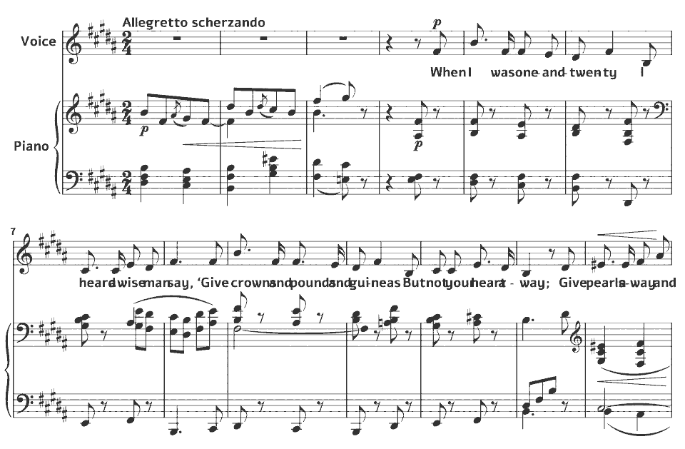 Die ersten Takte von A Shropshire Lad: When I was one-and-twenty von Arthur Somervell in Notenschrift.