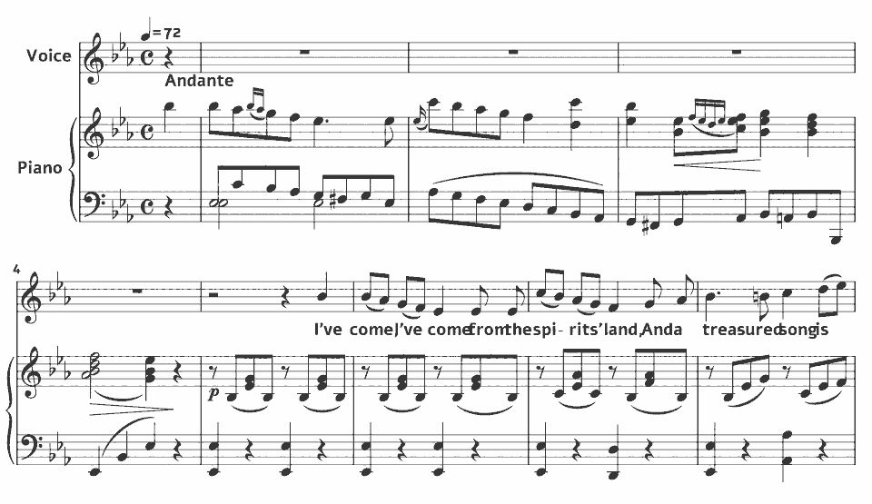 The opening bars of The Reply of the Messenger Bird by Augusta Browne in music notation.