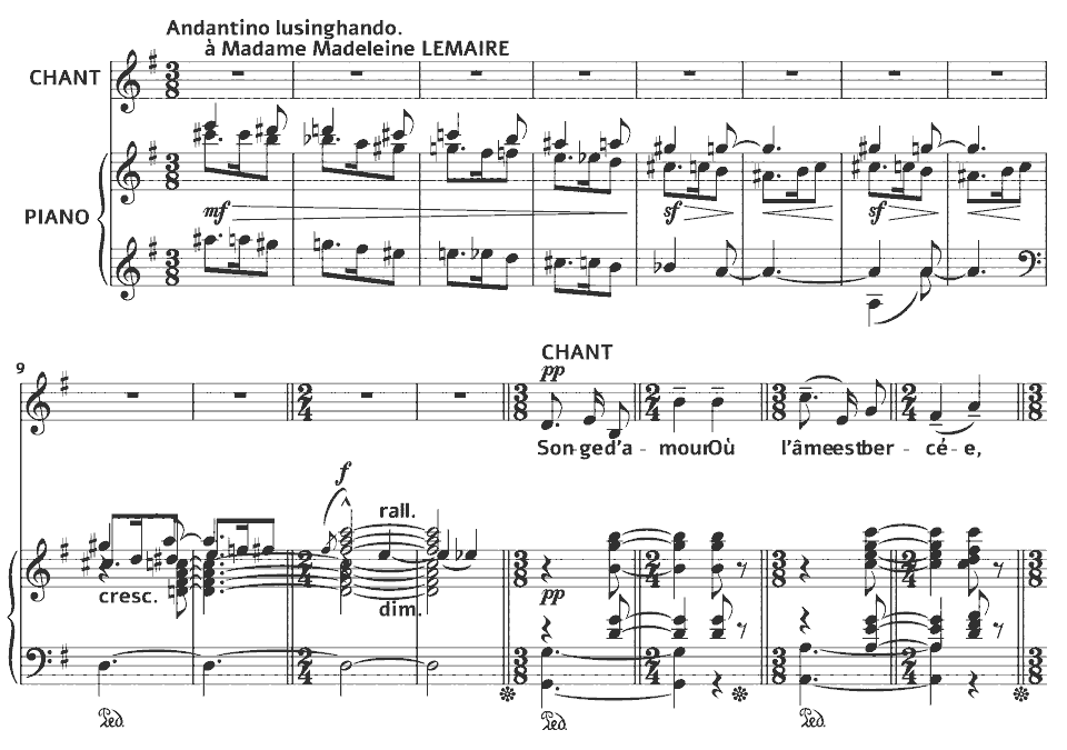 The opening bars of Mélodies: Évocation d’amour by Augusta Mary Anne Holmès in music notation.