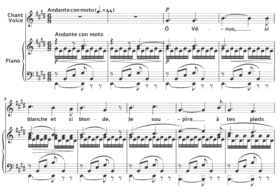 Die ersten Takte von Mélodies: Hymne à Vénus von Augusta Mary Anne Holmès in Notenschrift.