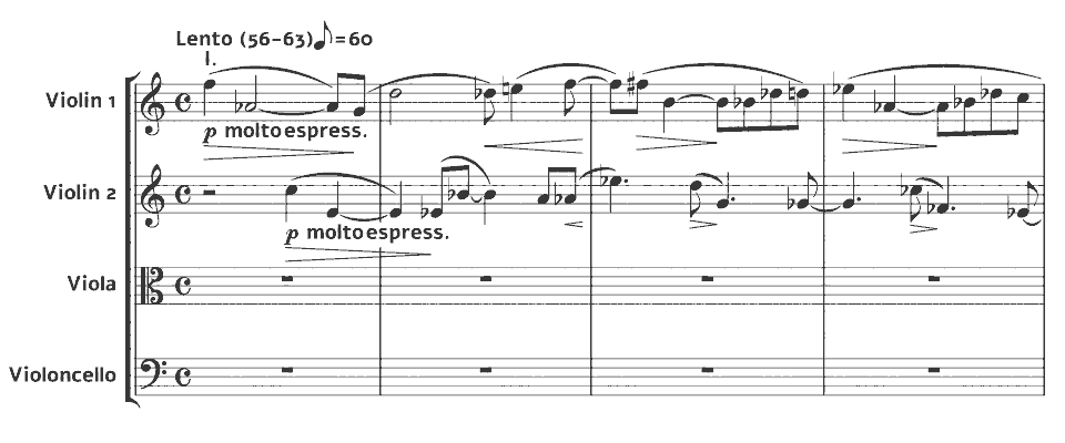 Die ersten Takte von Op.7 (Sz.40) String Quartet No.1 von Béla Bartók in Notenschrift.