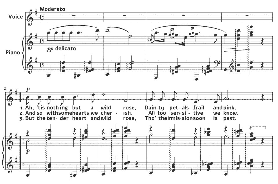 The opening bars of Songs as Unpretentious as the Wild Rose: Nothing But a Wild Rose by Carrie Jacobs-Bond in music notation.