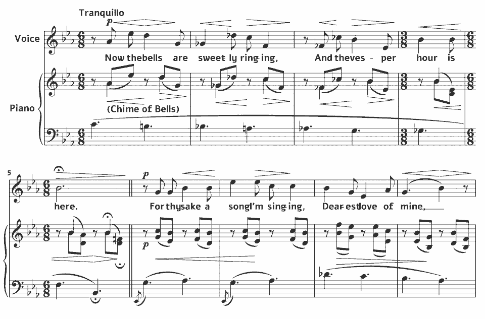 Die ersten Takte von Songs as Unpretentious as the Wild Rose: The Angelus von Carrie Jacobs-Bond in Notenschrift.