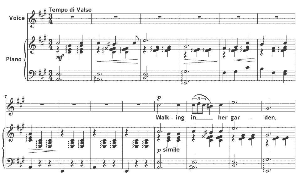 The opening bars of Songs as Unpretentious as the Wild Rose: Walking in Her Garden by Carrie Jacobs-Bond in music notation.