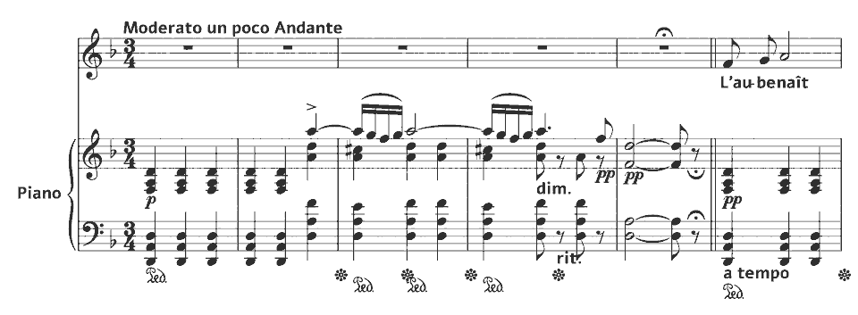 Die ersten Takte von Mélodies: Aubade von Charles Gounod in Notenschrift.