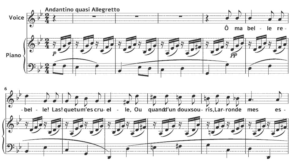 Die ersten Takte von Mélodies: O Ma Belle Rebelle! von Charles Gounod in Notenschrift.