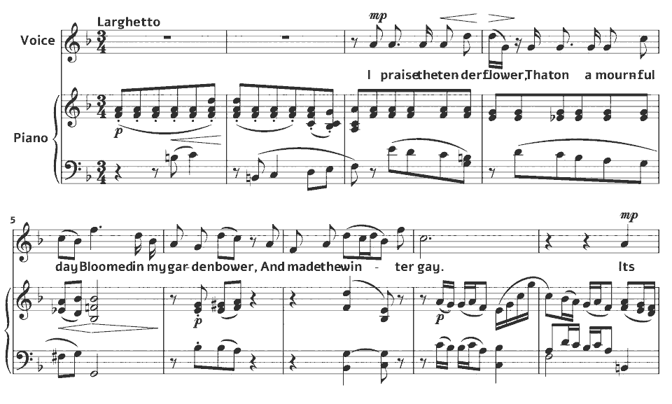 Die ersten Takte von Op.43 Songs of Robert Bridges: I praise the tender flower von Charles Villiers Stanford in Notenschrift.