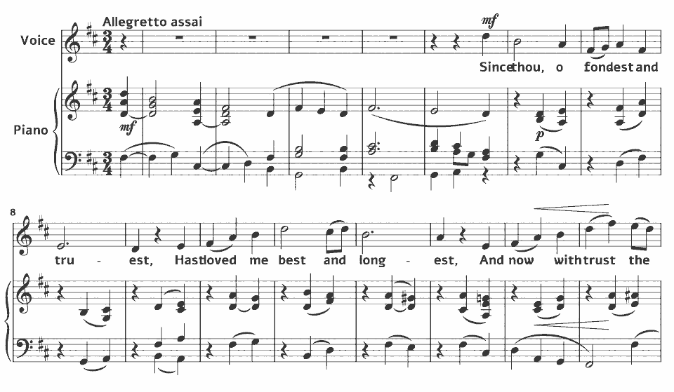 Die ersten Takte von Op.43 Songs of Robert Bridges: o fondest and truest Since thou von Charles Villiers Stanford in Notenschrift.