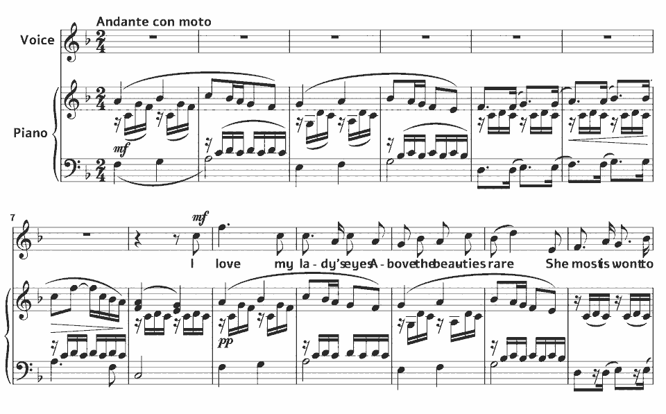 Die ersten Takte von Op.43 Songs of Robert Bridges: o say! saith the music Say von Charles Villiers Stanford in Notenschrift.