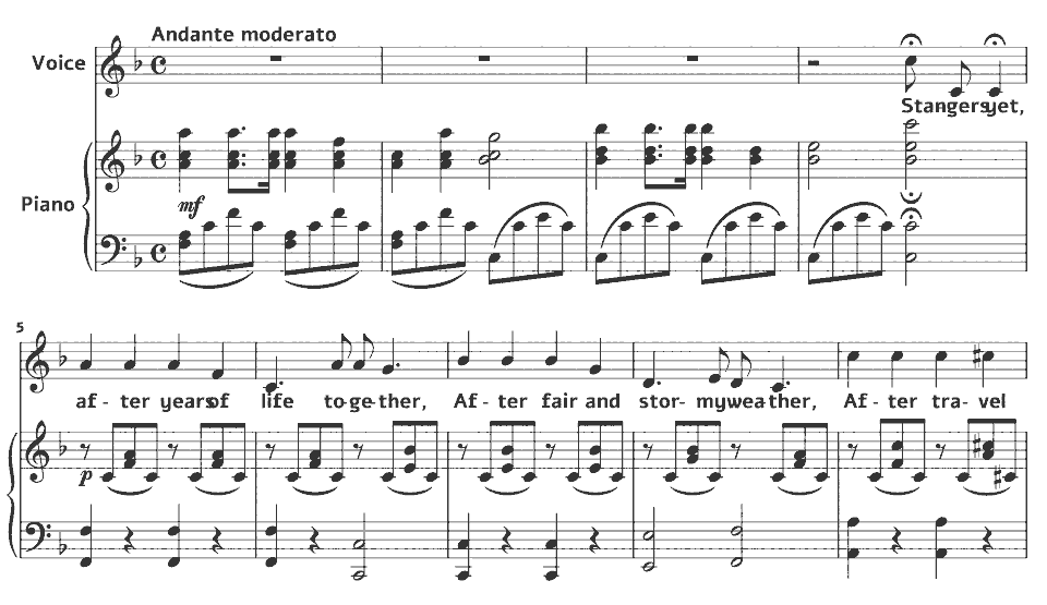 The opening bars of Strangers Yet by Charlotte Alington Barnard in music notation.