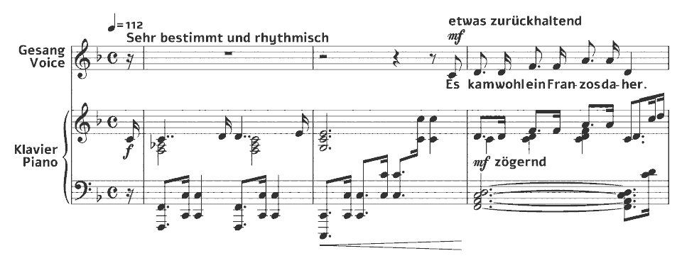 Die ersten Takte von Kriegslieder: Reiterlied von Clara Mathilda Faisst in Notenschrift.