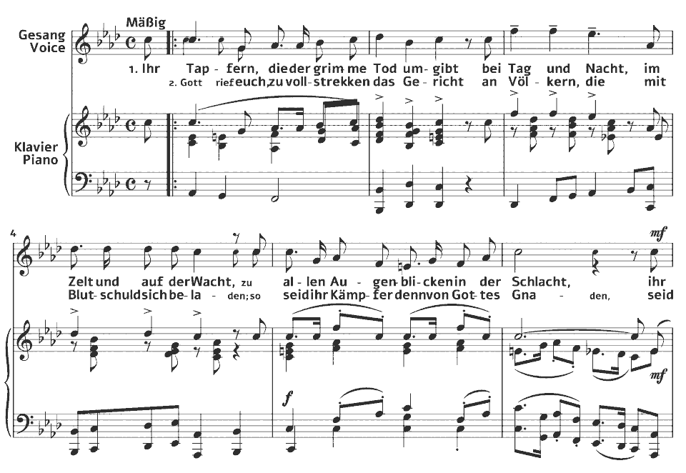 The opening bars of Kriegslieder: Unsern Getreuen by Clara Mathilda Faisst in music notation.