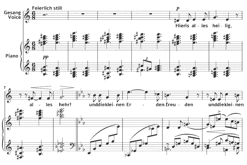 Die ersten Takte von Op.19 Lieder: Stimme eines seligen Geistes von Clara Mathilda Faisst in Notenschrift.
