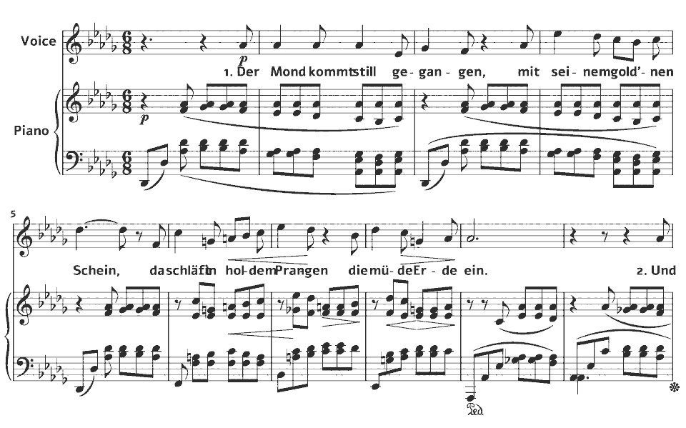 Die ersten Takte von Op.13 Lieder: Der Mond kommt still gegangen von Clara Schumann in Notenschrift.