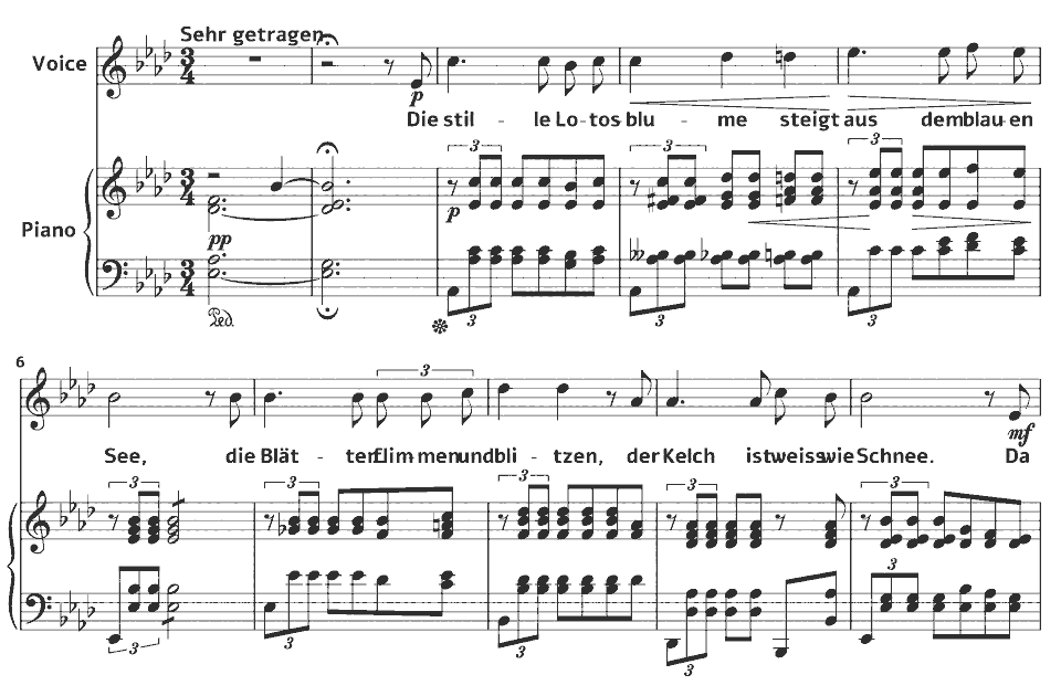 Die ersten Takte von Op.13 Lieder: Die stille Lotosblume von Clara Schumann in Notenschrift.