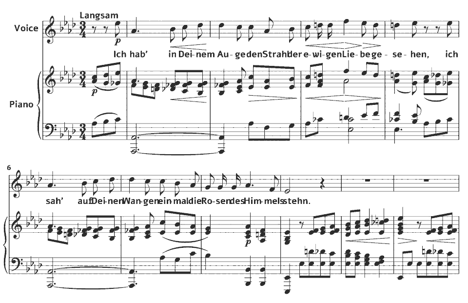 Die ersten Takte von Op.13 Lieder: Ich hab’ in Deinem Auge von Clara Schumann in Notenschrift.