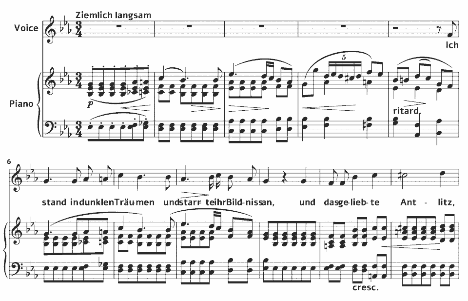 Die ersten Takte von Op.13 Lieder: Ich stand in dunklen Träumen von Clara Schumann in Notenschrift.