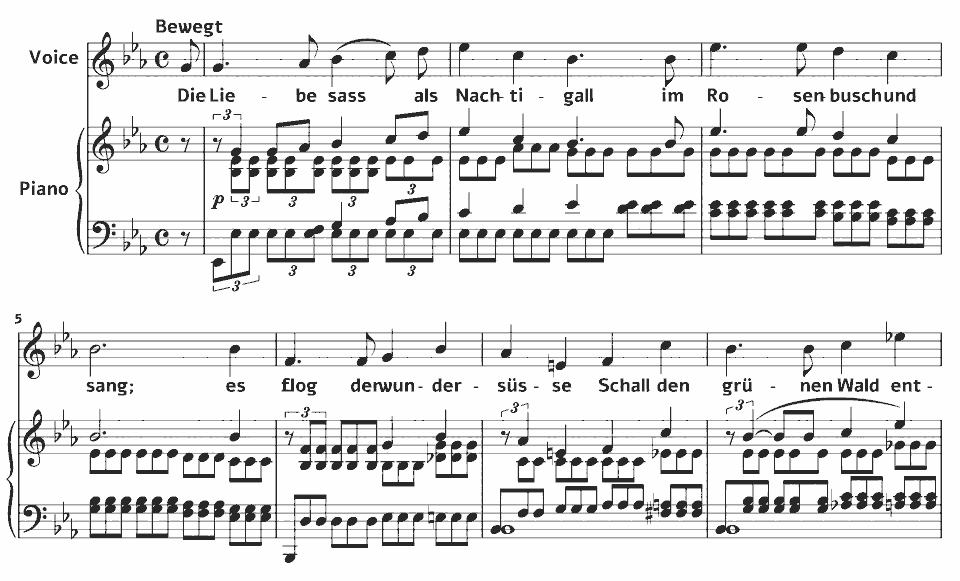 Die ersten Takte von Op.13 Lieder: Liebeszauber von Clara Schumann in Notenschrift.