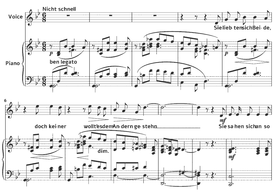 Die ersten Takte von Op.13 Lieder: Sie liebten sich beide von Clara Schumann in Notenschrift.