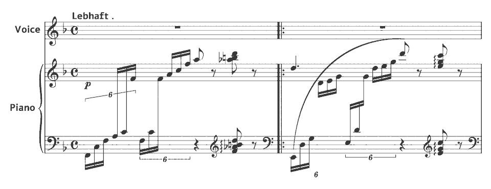 Die ersten Takte von Op.23 Lieder: An einem lichten Morgen von Clara Schumann in Notenschrift.