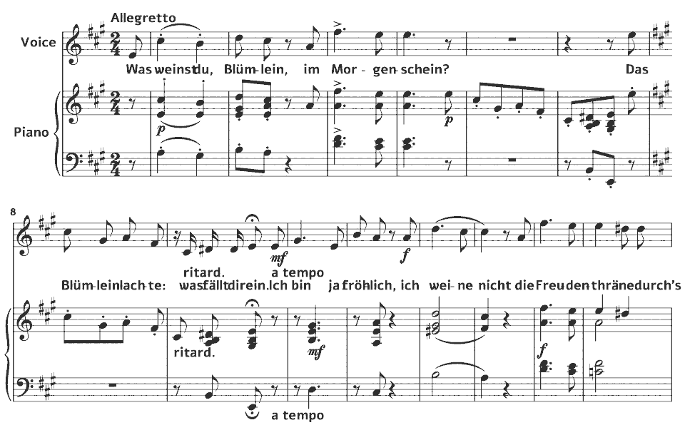 Die ersten Takte von Op.23 Lieder: Blümlein Was weinst du von Clara Schumann in Notenschrift.