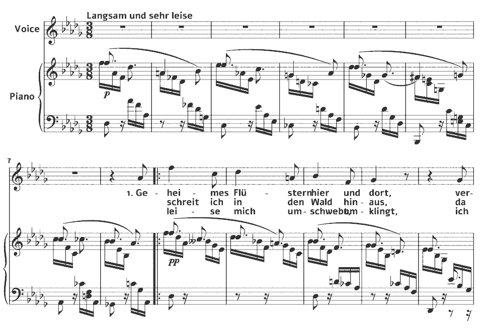 Die ersten Takte von Op.23 Lieder: Geheimes Flüstern hier und dort von Clara Schumann in Notenschrift.