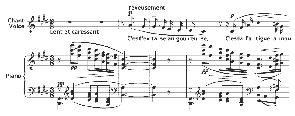 Die ersten Takte von Ariettes Oubliées: C’est l’extase langoureuse von Claude Debussy in Notenschrift.